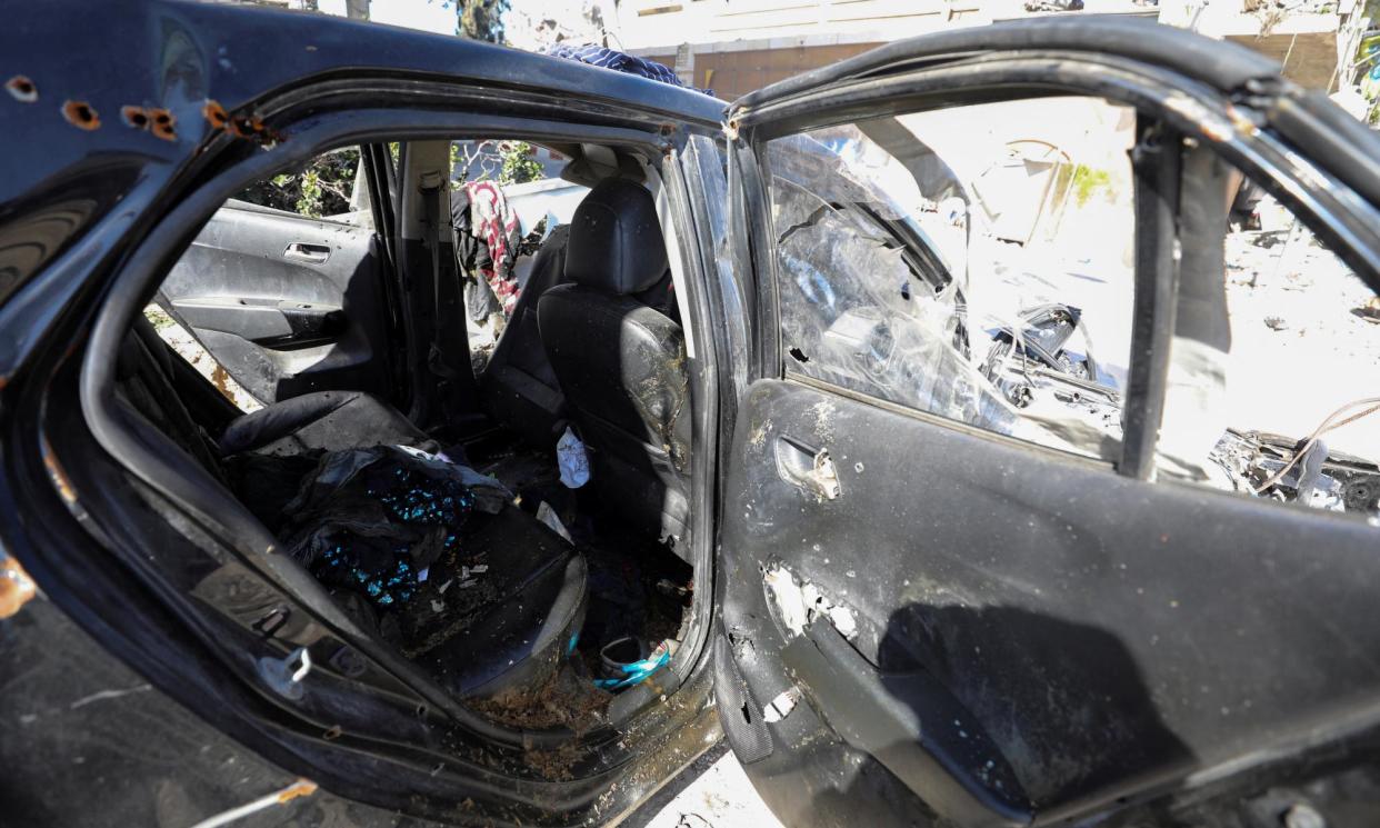 <span>The car where the body of Palestinian girl Hind Rajab was found along with those of relatives in Gaza City, seen on 10 February.</span><span>Photograph: Reuters</span>
