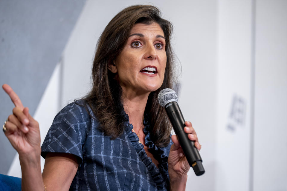 Republican presidential candidate Nikki Haley speaks at American Enterprise Institute, Tuesday, June 27, 2023, in Washington. Haley is criticizing former President Donald Trump for being too friendly to China during his time in office while also warning that weak support for Ukraine would “only encourage” China to invade Taiwan. Haley said in a speech at the American Enterprise Institute on Tuesday that Trump was “almost singularly focused” on the U.S.-China trade relationship but ultimately did “too little about the rest of the Chinese threat.” (AP Photo/Andrew Harnik)