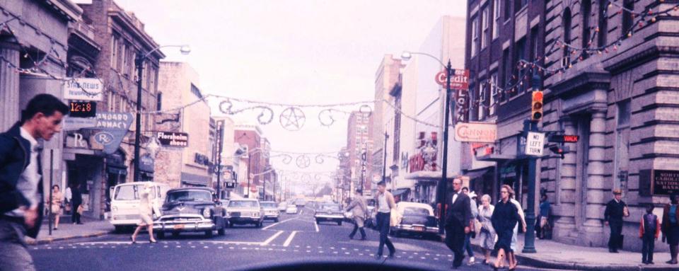 Christmas decorations in downtown Wilmington, 1960s. Taken from Front Street at Chestnut Street looking north.