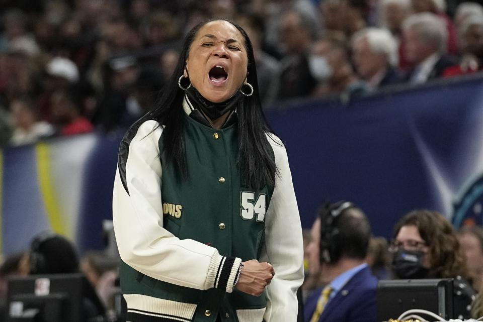 South Carolina head coach Dawn Staley reacts during the Gamecocks' national championship win on April 3, 2022, in Minneapolis. (AP Photo/Eric Gay)