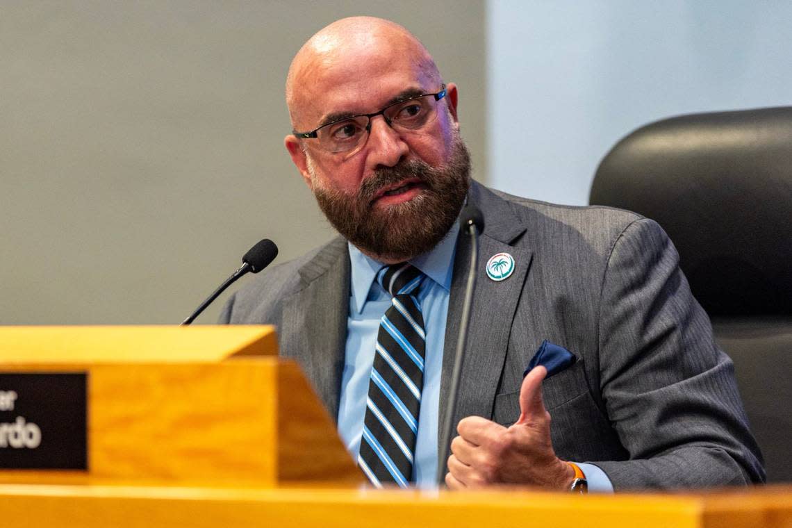 Commissioner Damian Pardo speaks during a commission meeting at Miami City Hall on Thursday, April 11, 2024.