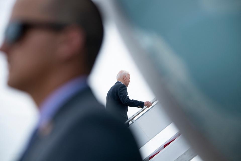 US President Joe Biden boards Air Force One at Andrews Air Force Base before departing for the UK and Europe to attend a series of summits (AFP via Getty Images)