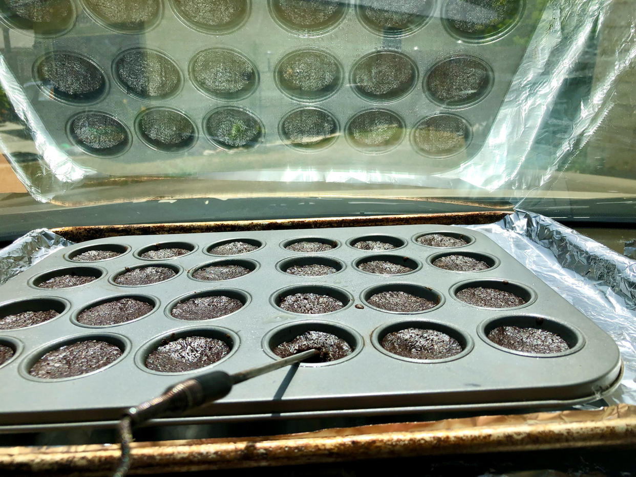 I set up my mini muffin pan with a probe thermometer for easy monitoring. (Heather Martin)
