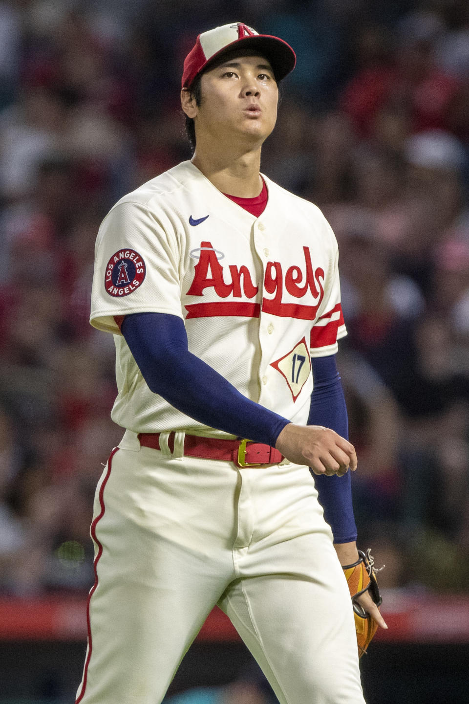 Los Angeles Angels starting pitcher Shohei Ohtani looks up after striking out Seattle Mariners' Cal Raleigh for the third out during the fourth inning of a baseball game in Anaheim, Calif., Saturday, Sept. 17, 2022. (AP Photo/Alex Gallardo)