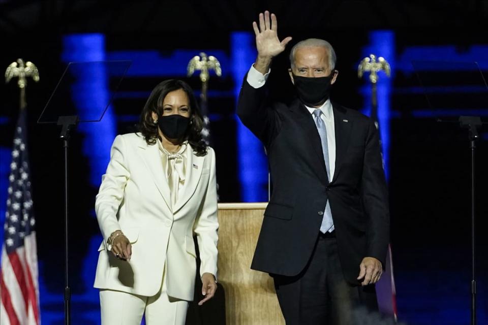 <div class="inline-image__caption"><p>President-elect Joe Biden and Vice President-elect Kamala Harris take the stage at the Chase Center to address the nation on November 7, 2020 in Wilmington, Delaware.</p></div> <div class="inline-image__credit">Photo by Andrew Harnik-Pool/Getty Images</div>