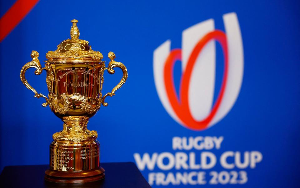 The Webb Ellis Cup on display before the Rugby World Cup in France