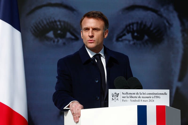 Emmanuel Macron said he was "not ruling anything out" in support of Ukraine, including sending Western troops there. File Photo by Gonzalo Fuentes/EPA-EFE