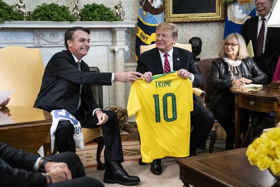 "I have always admired the United States of America, and this sense of admiration has increased since you took office," Bolsonaro told Trump during a White House visit on Tuesday. (Photo: The Washington Post via Getty Images)