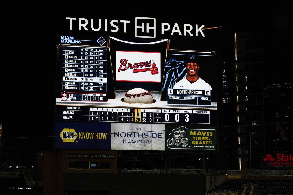 The scoreboard shows the final score in the Atlanta Braves' 29-9 win over the Miami Marlins in a baseball game Wednesday, Sept. 9, 2020, in Atlanta. (AP Photo/Brynn Anderson)