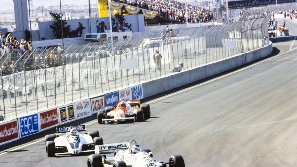 streets of las vegas, united states of america october 17 carlos reutemann, williams fw07c ford, leads nelson piquet, brabham bt49c ford, and mario andretti, alfa romeo 179c during the caesars palace gp at streets of las vegas on october 17, 1981 in streets of las vegas, united states of america photo by lat images