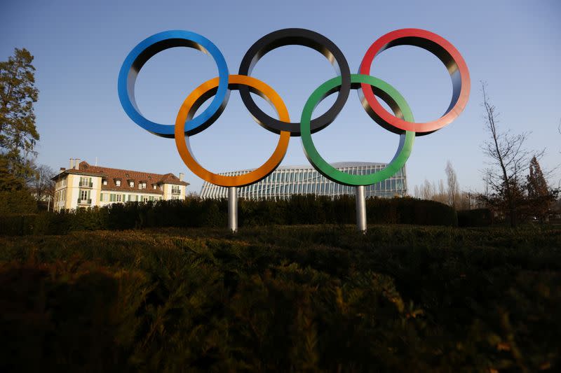 The Olympic rings are pictured in front of the IOC headquarters in Lausanne