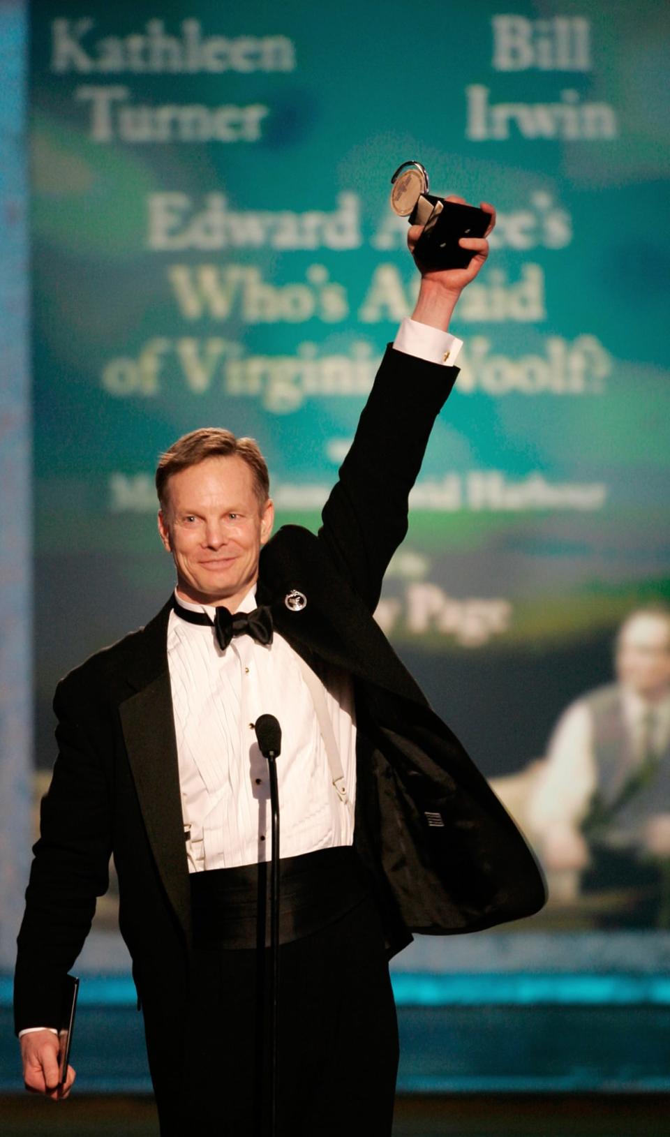 <div class="inline-image__caption"><p>Bill Irwin accepts the 2005 Tony Award for Best Performance by a Leading Actor in a Play for Edward Albee's <em>Who's Afraid of Virginia Wol</em>f at the 59th Annual Tony Awards show at Radio City Music Hall in New York, June 5, 2005.</p></div> <div class="inline-image__credit">Jeff Christensen/Reuters</div>