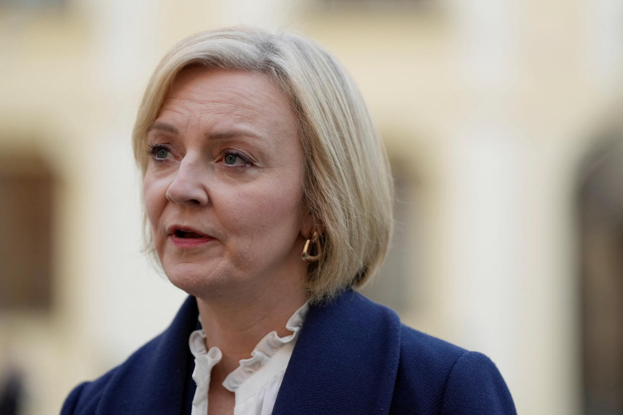 British Prime Minister Liz Truss makes a press statement after a meeting of the European Political Community at Prague Castle in Prague, Czech Republic, Thursday, Oct 6, 2022. Leaders from around 44 countries are gathering Thursday to launch a 