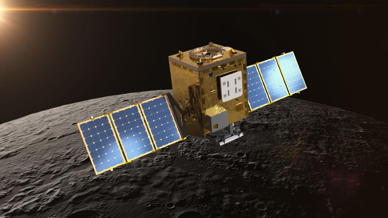  a cube-shaped satellite in orbit above the moon 