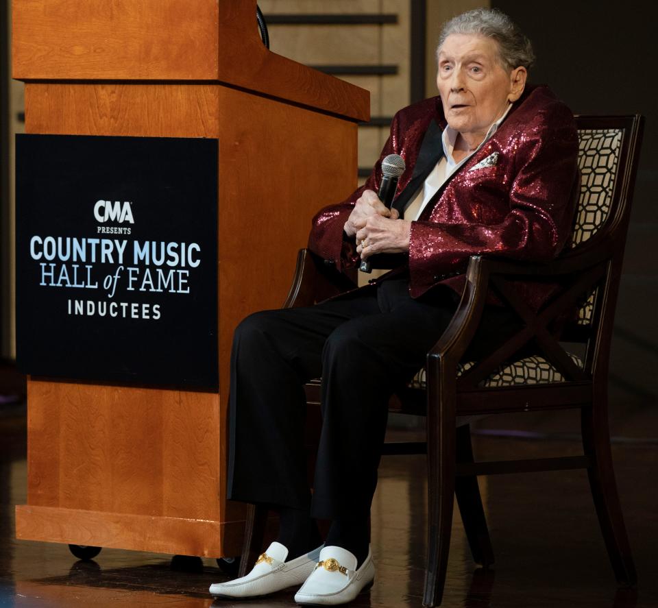 Jerry Lee Lewis makes remarks after being announced as a 2022 Country Music Hall of Fame inductee during a press conference at the Country Music Hall of Fame Tuesday, May 17, 2022, in Nashville, Tenn. 