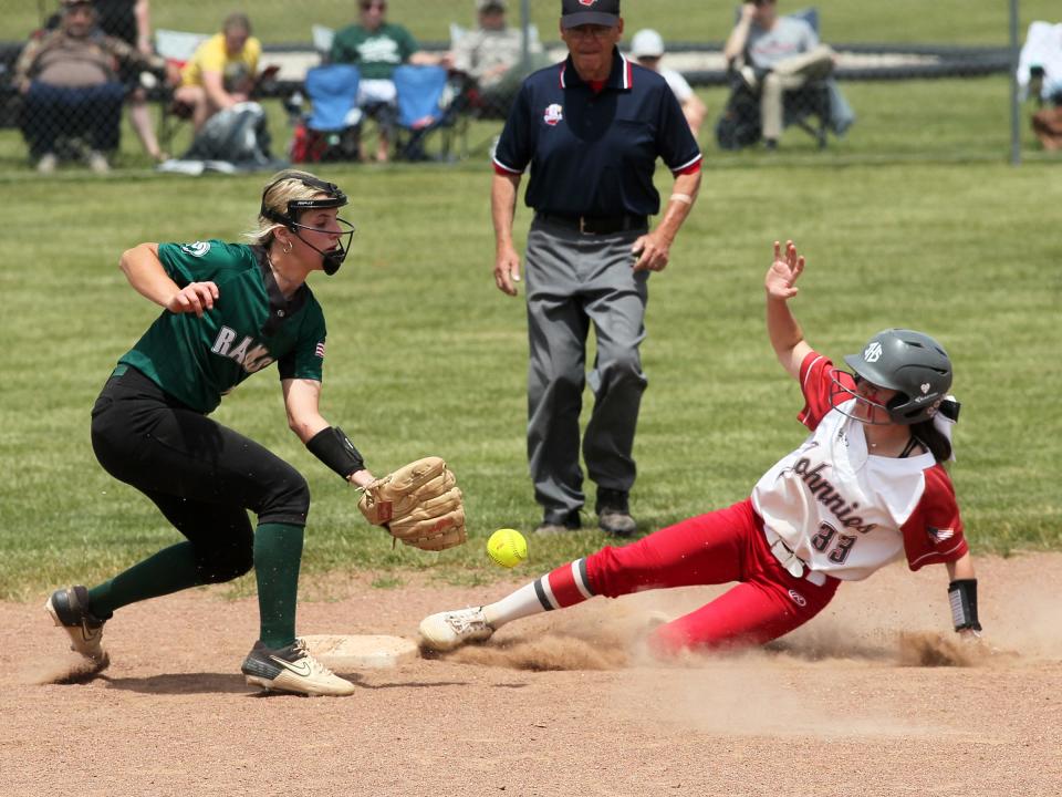 Johnstown's Makayla Fain slides safely into second during the Johnnies' regional title victory over Tinora on Saturday,