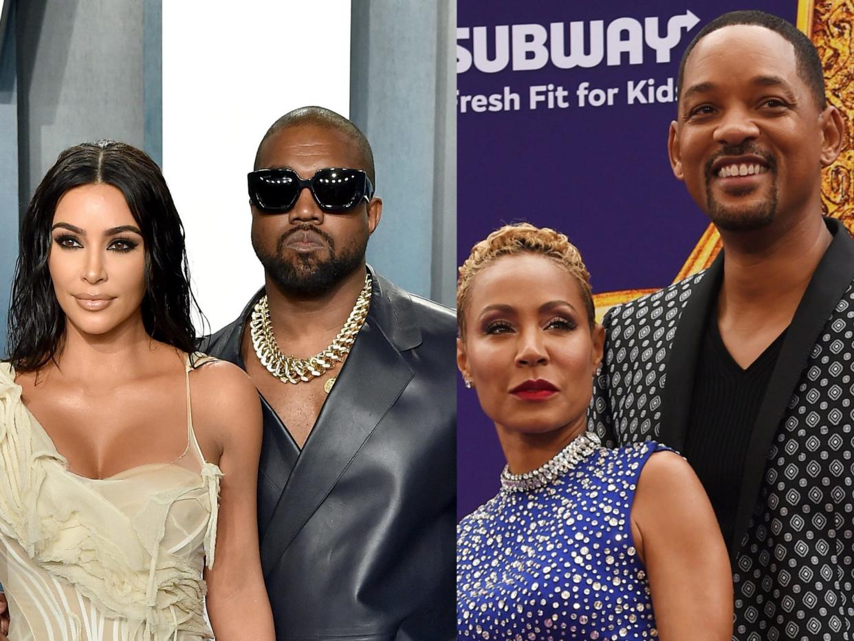 left: kanye west and kim kardashian west; right: jada pinkett smith and will smith