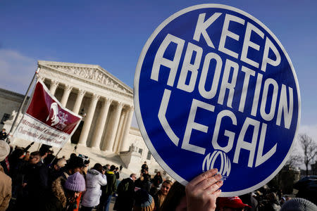 FILE PHOTO: An abortion rights activist holds up a sign as marchers take part in the 46th annual March for Life in Washington, U.S., January 18, 2019. REUTERS/Joshua Roberts