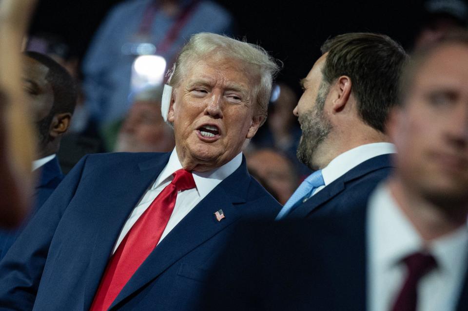 Former US President Donald J. Trump makes an early appearance on the first night of the Republican National Convention