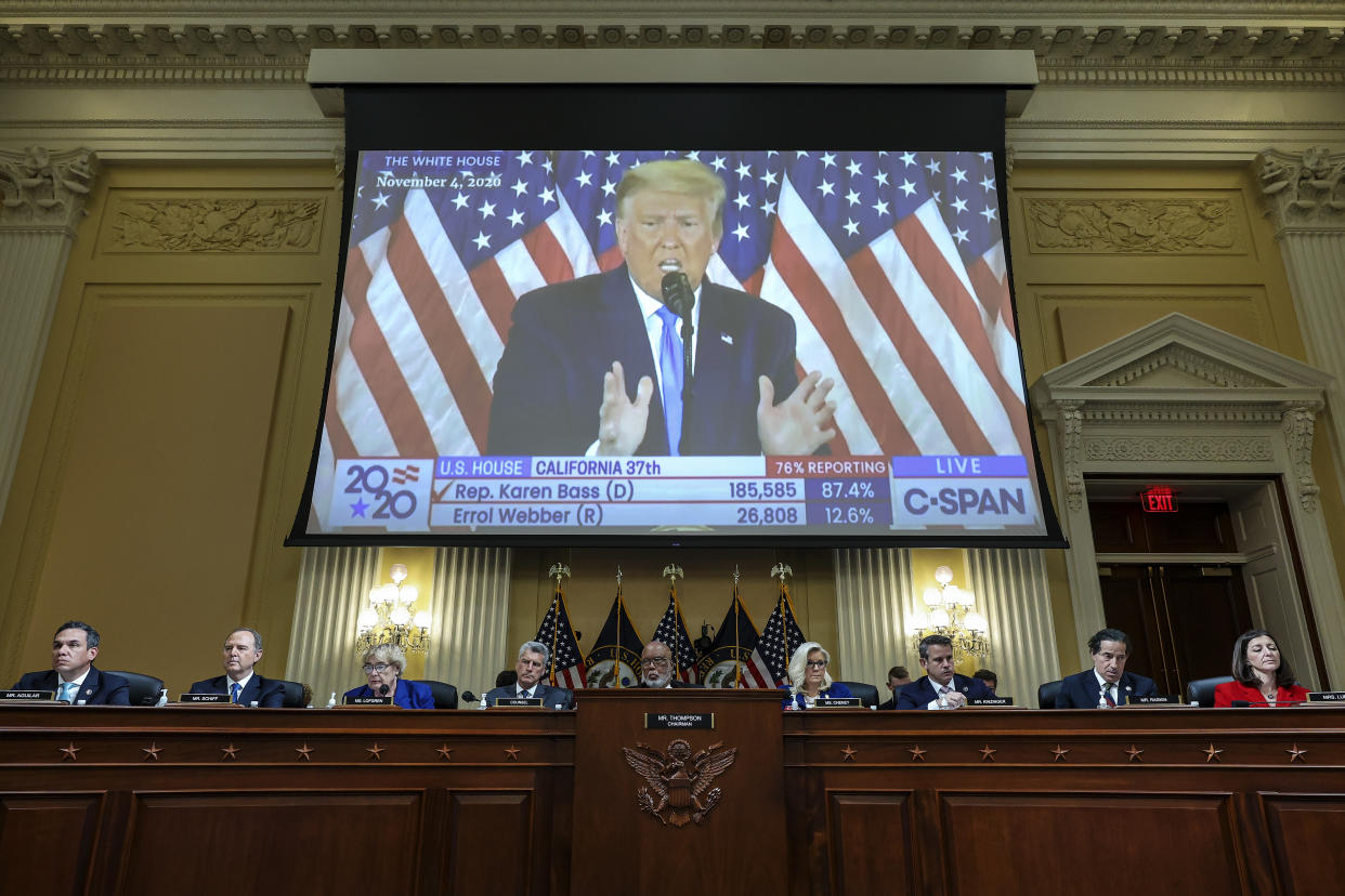 On the screen, President Donald Trump, at the microphone with a bank of U.S. flags behind him, with the members of the panel at their seats beneath.