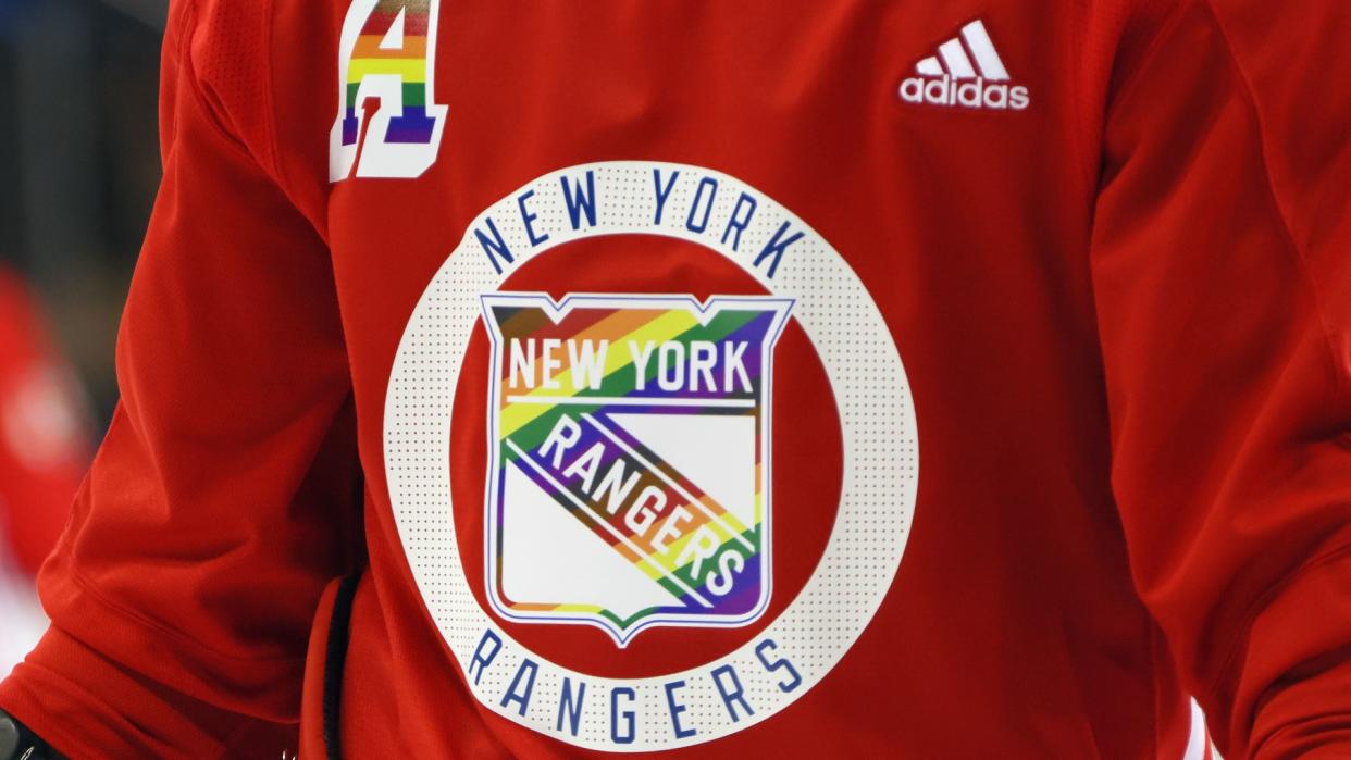 The New York Rangers are drawing criticism for reneging on plans to wear Pride-themed warmup jerseys before their game against the Vegas Golden Knights on Friday. (Getty Images)