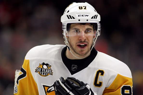 OTTAWA, ON - MARCH 23: Pittsburgh Penguins Center Sidney Crosby (87) gets ready for the puck drop during the third period in a game between the Pittsburgh Penguins and Ottawa Senators on March 23, 2017, at Canadian Tire Centre in Ottawa, On. (Photo by Jason Kopinski/Icon Sportswire via Getty Images)