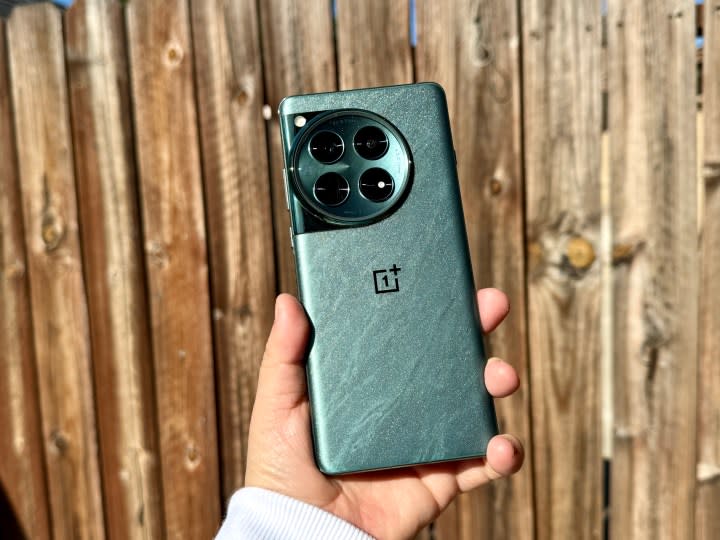 OnePlus 12 in Flowy Emerald held in hand in sunlight showing shimmer.