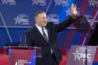 Secretary of State Mike Pompeo waves to the crowd during Conservative Political Action Conference, CPAC 2020, at the National Harbor, in Oxon Hill, Md., Friday, Feb. 28, 2020. (AP Photo/Jose Luis Magana)