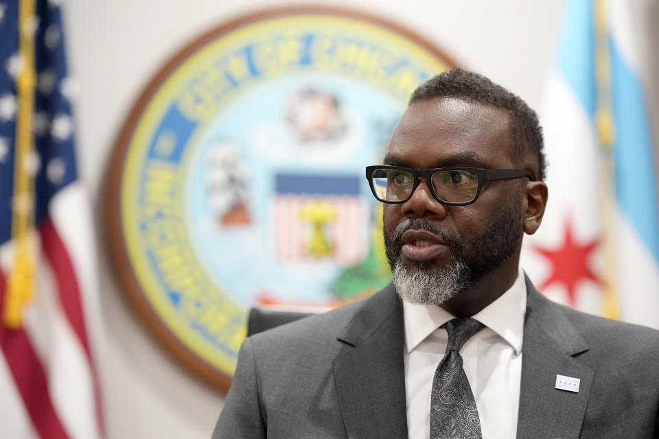 Chicago Mayor Brandon Johnson responds to a question in his City Hall office during an interview with The Associated Press Monday, May 6, 2024, in Chicago. The rookie mayor's bumpy first year has been a test of his progressive credentials. He's navigated an evolving migrant crisis, budget gaps, persistent crime and a troubled transit system to name a few. While there have been wins for workers and social services, he's struggled with businesses, police and fellow Democrats. (AP Photo/Charles Rex Arbogast)