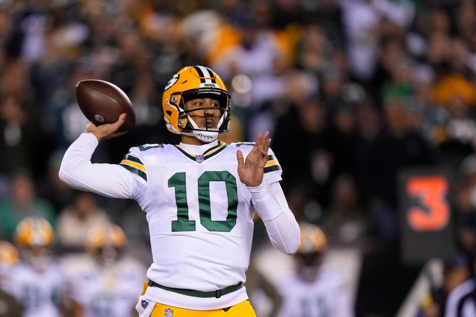 Green Bay Packers quarterback Jordan Love throws during the second half of an NFL football game against the Philadelphia Eagles.