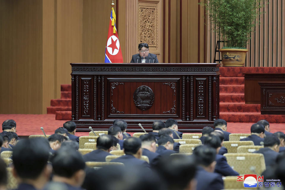 In this photo provided by the North Korean government, North Korean leader Kim Jong Un speaks at the Supreme People’s Assembly in Pyongyang, North Korea Monday, Jan. 15, 2024. Independent journalists were not given access to cover the event depicted in this image distributed by the North Korean government. The content of this image is as provided and cannot be independently verified. Korean language watermark on image as provided by source reads: "KCNA" which is the abbreviation for Korean Central News Agency. (Korean Central News Agency/Korea News Service via AP)