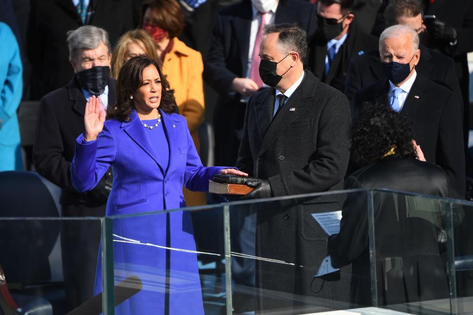 Vice President-elect Kamala Harris is sworn in during the 2021 Presidential Inauguration of President Joe Biden and Vice President Kamala Harris at the U.S. Capitol.