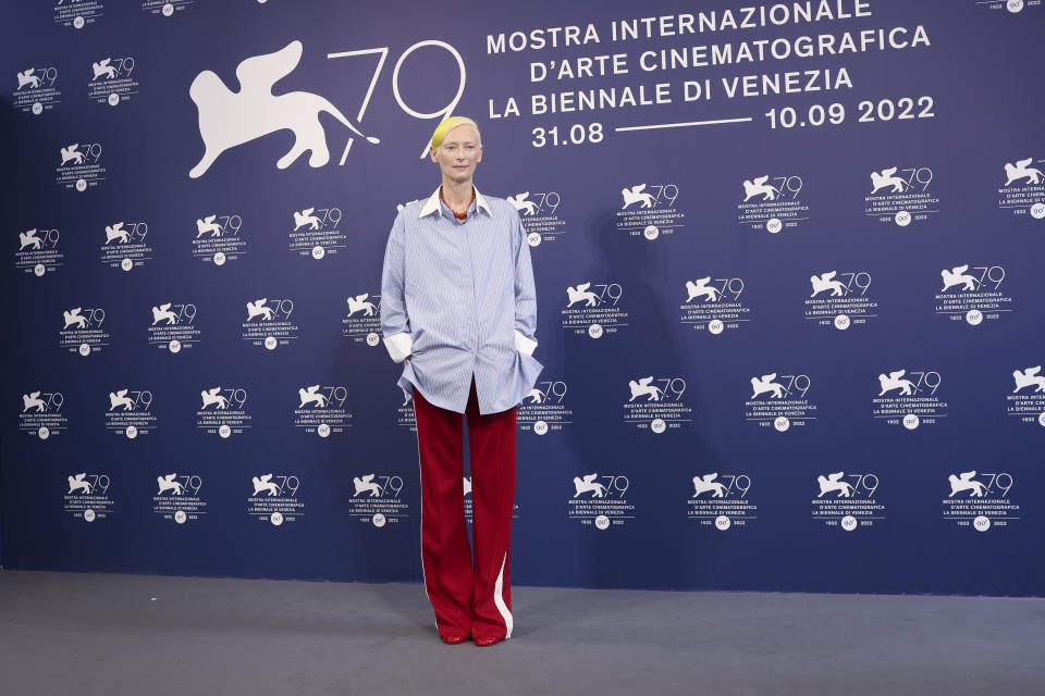 Tilda Swinton poses for photographers at the photo call for the film 'The Eternal Daughter' during the 79th edition of the Venice Film Festival in Venice, Italy, Tuesday, Sept. 6, 2022. (Photo by Joel C Ryan/Invision/AP)