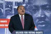 Martin Luther King III, speaks during a news conference in Washington, Monday, Jan. 17, 2022. King's eldest son criticized Biden and Congress as a whole on Monday for failing to pass voting rights legislation, even as 19 Republican-led states have made it harder to vote in response to former President Donald Trump’s false claims about election-rigging. “You were successful with infrastructure, which is a great thing -- but we need you to use that same energy to ensure that all Americans have the same unencumbered right to vote,” Martin Luther King III said. ( AP Photo/Jose Luis Magana)