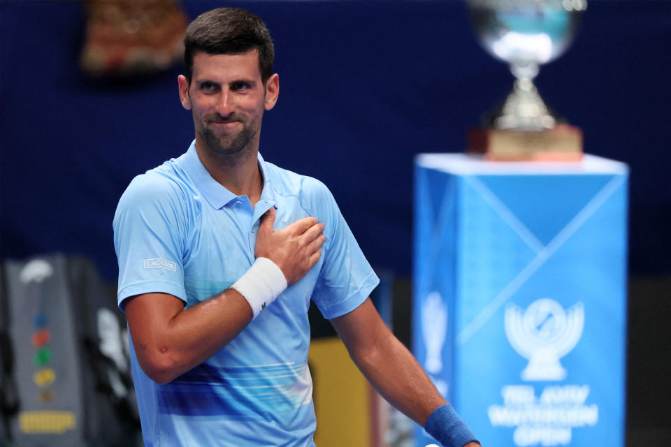 Serbia's Novak Djokovic reacts after winning his men's singles tennis match against Spain's Pablo Andujar at the Tel Aviv Watergen Open 2022 in Israel's Mediterranean coastal city of Tel Aviv on September 29, 2022. (Photo by JACK GUEZ / AFP) (Photo by JACK GUEZ/AFP via Getty Images)