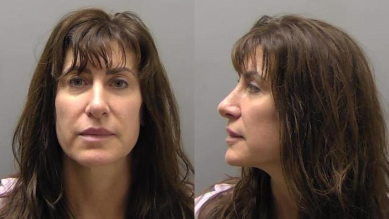 A photo collage showing Kimberly Dell Davidson-Drolet's mugshot