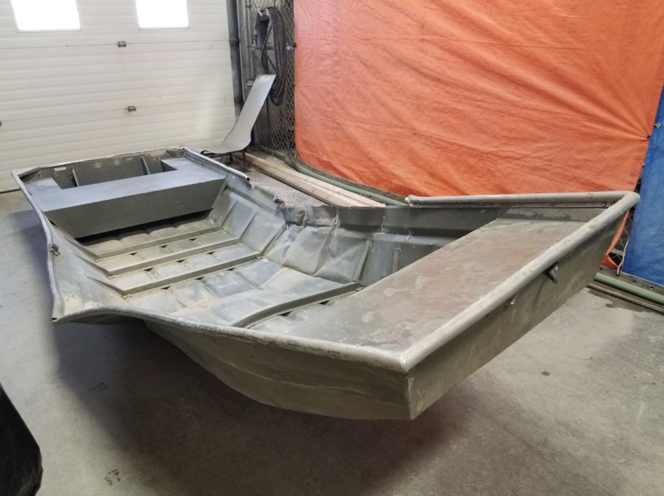 Pictured is the aluminium boat found in a Manitoba river.