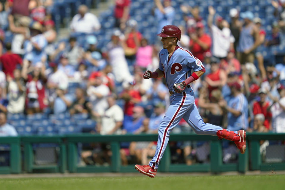 Philadelphia Phillies' Nick Maton runs the basses after hitting a two-run home run off of Washington Nationals relief pitcher Cory Abbott during the fourth inning of a baseball game, Sunday, Aug. 7, 2022, in Philadelphia. (AP Photo/Matt Rourke)