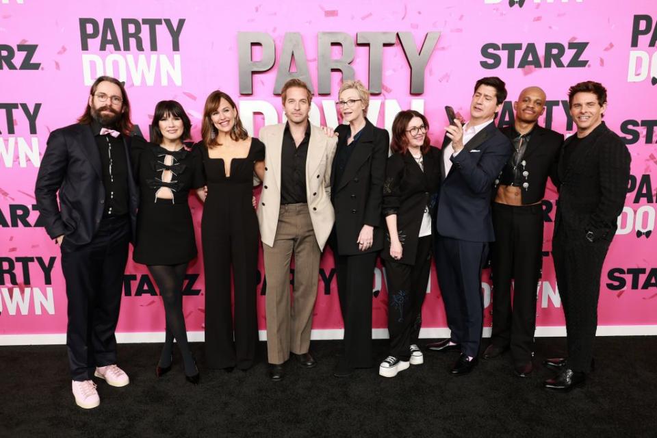 los angeles, california february 22 l r martin starr, zoë chao, jennifer garner, ryan hansen, jane lynch, megan mullally, ken marino, tyrel jackson williams, and james marsden attend the red carpet premiere of starzs party down season 3 at regency bruin theatre on february 22, 2023 in los angeles, california photo by matt winkelmeyergathe hollywood reporter via getty images