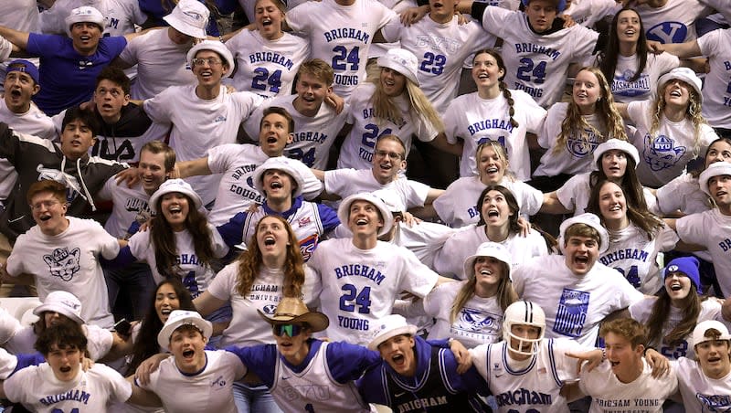 BYU fans cheer as the UCF Knights and the BYU Cougars meet in college basketball action at the Marriott Center in Provo on Tuesday, Feb. 13, 2024.