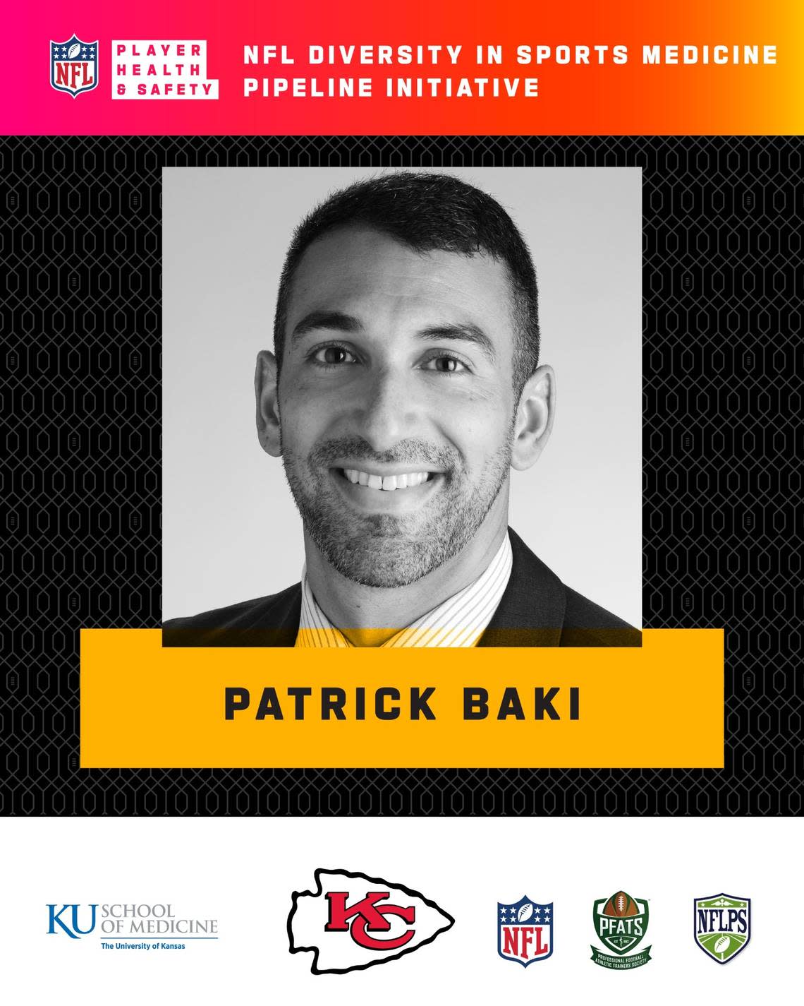 Patrick Baki has been selected for a one-month clinical rotation with the Kansas City Chiefs’ medical staff.