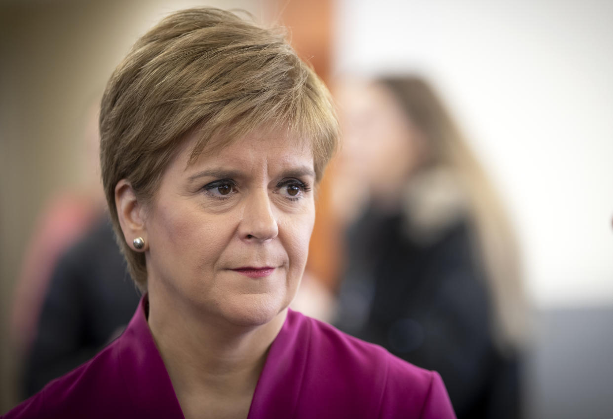 First Minister Nicola Sturgeon speaking a visit to the NHS 24 contact centre at the Golden Jubilee National Hospital in Glasgow to meet staff supporting Scotland�s public information response to coronavirus (COVID-19).