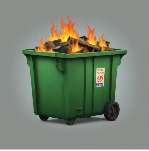 A green dumpster with flames inside and a "Flammable" warning sticker on the front