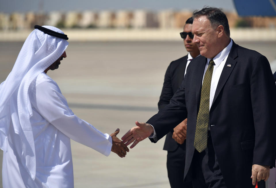 U.S. Secretary of State Mike Pompeo arrives at al-Bateen Air Base in Abu Dhabi, United Arab Emirates, Thursday, Sept. 19, 2019. (Mandel Ngan/Pool via AP)