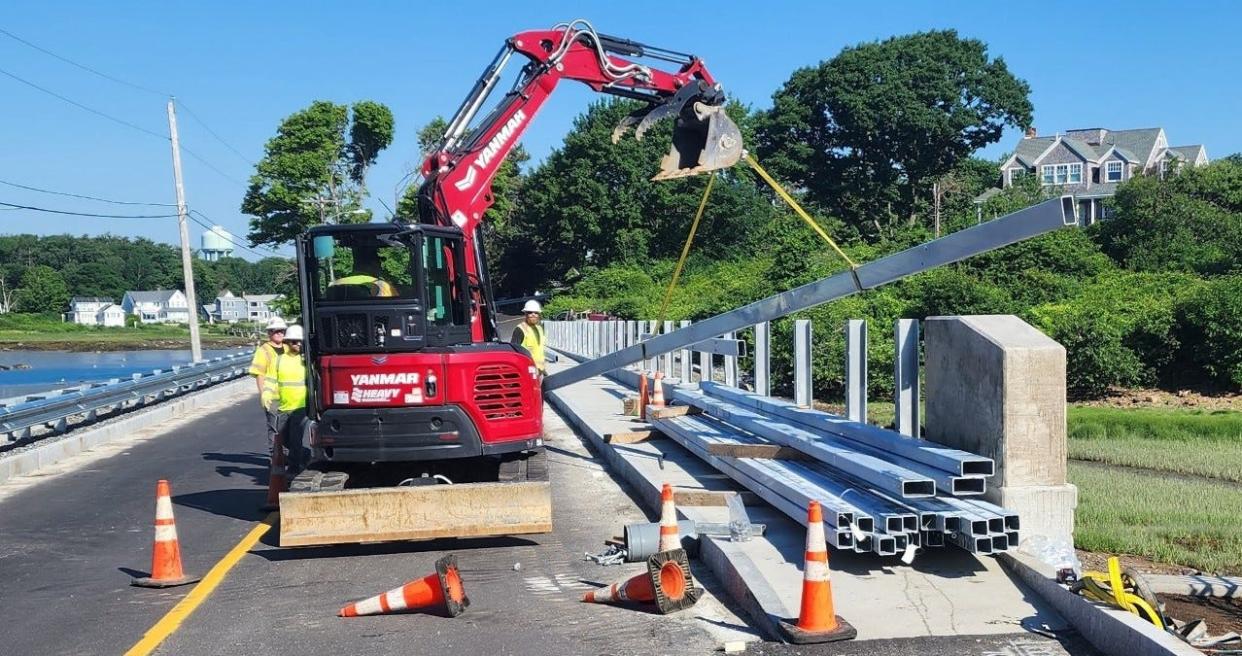 A crew works on the Pier Road Causeway Resiliency Project in Kennebunkport, Maine, during the spring of 2024.