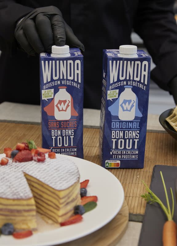 Bottles of Nestle new product, a milk alternative made from yellow peas called "Wunda", are pictured in Lausanne