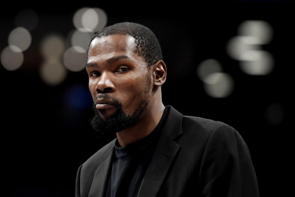 Kevin Durant, an MVP candidate, is sidelined for four games under the NBA's healthy and safety protocol measures. (Sarah Stier/Getty Images)