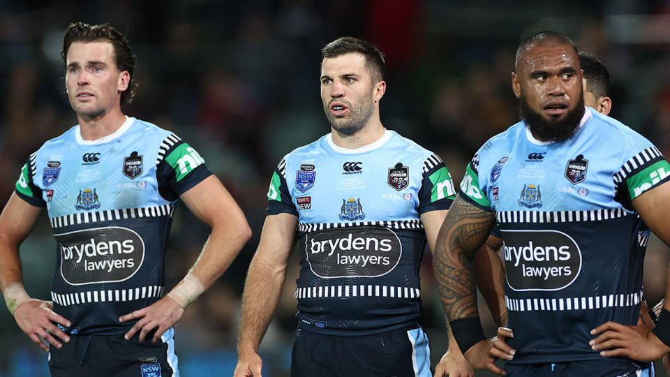 Seen in the middle, James Tedesco will lead out NSW in State of Origin Game II.