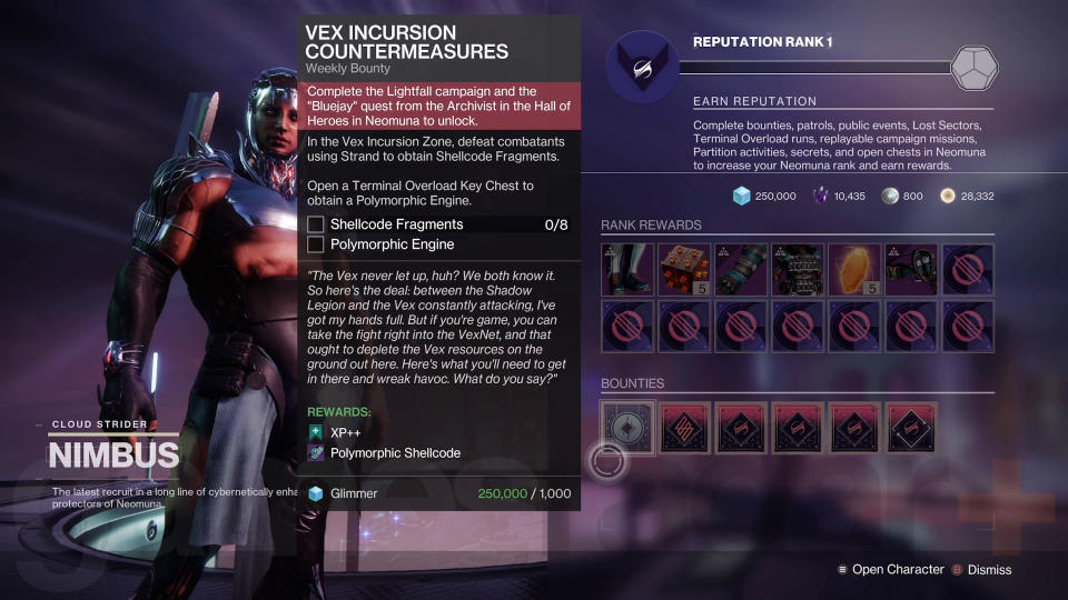 Destiny 2 Lightfall Bluejay quest bounty from Nimbus for Polymorphic Shellcode