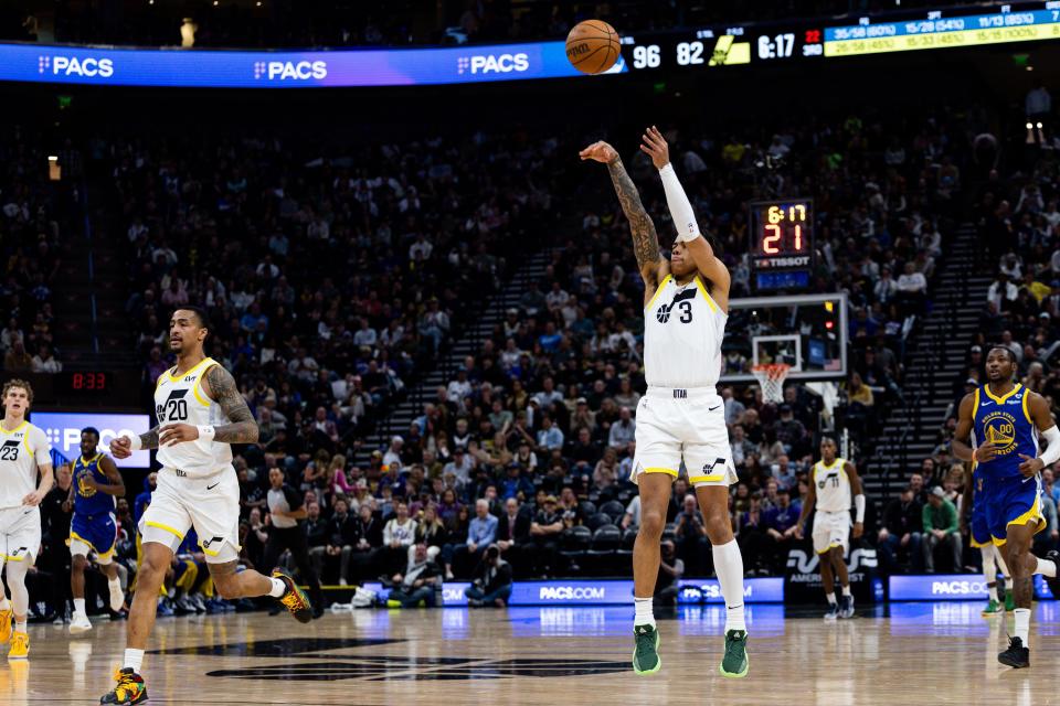 Utah Jazz guard Keyonte George (3) shoots a 3-point basket during the NBA basketball game between the Utah Jazz and the Golden State Warriors at the Delta Center in Salt Lake City on Thursday, Feb. 15, 2024. | Megan Nielsen, Deseret News